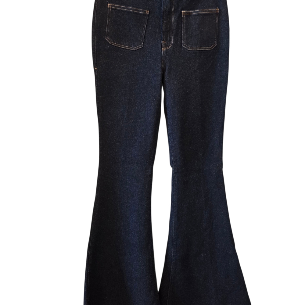 NWT Good American Dark Blue Flare Jeans with Gold stitching Size 8
